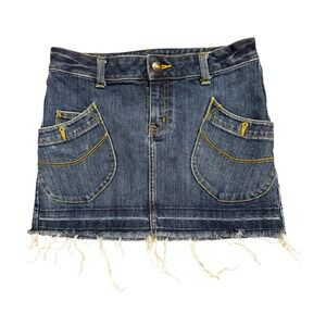 Ralph Lauren Denim Mini Skirt Y2K Grunge Distressed Raw Hem Rodeo Utility Sz 10